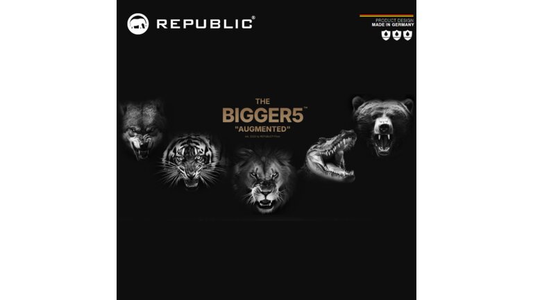 Schwarzes Hintergrund, stilisierte Tierköpfe, Löwe, Tiger, Wolf, Bär, Krokodil, "THE BIGGER5"